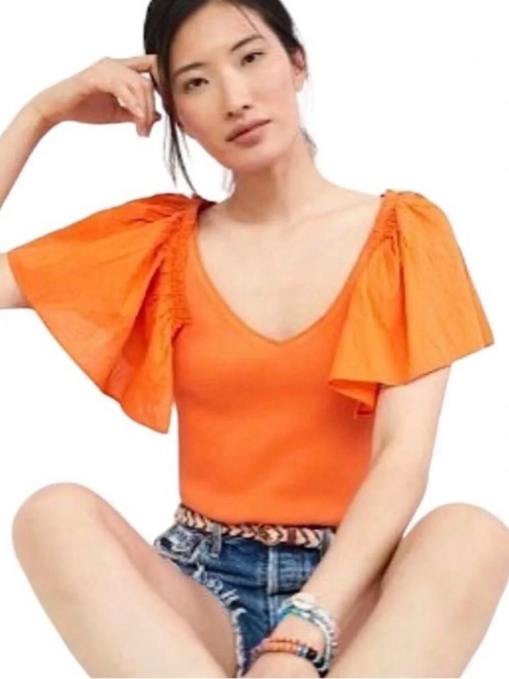 Maeve Anthropologie Orange Flutter Sleeve V-Neck Top L